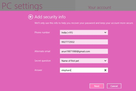 Security information and click on next button